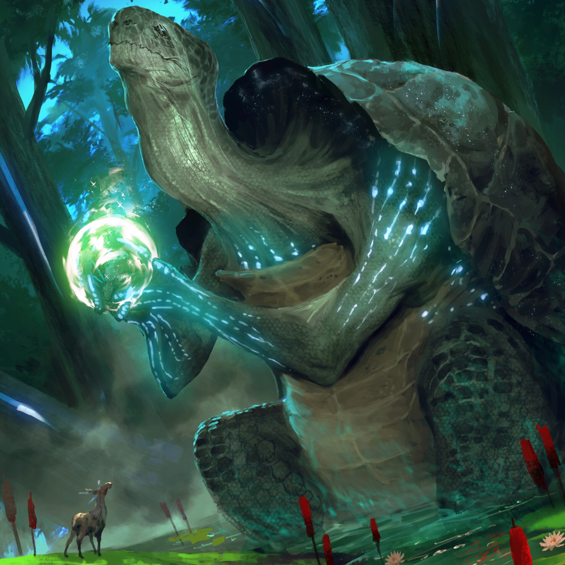 an old, giant tortoise holding a glowing orb