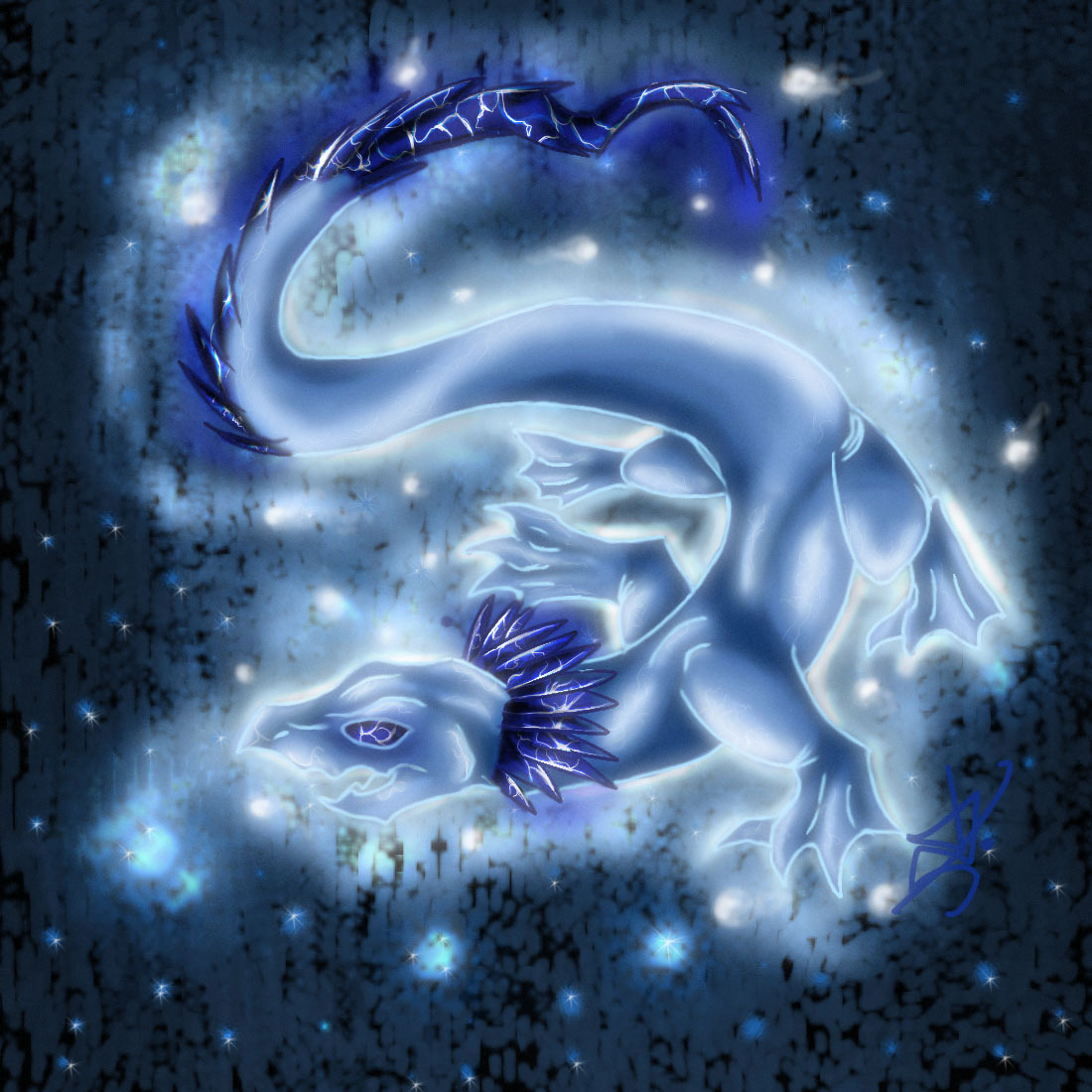 a glowing blue salamander