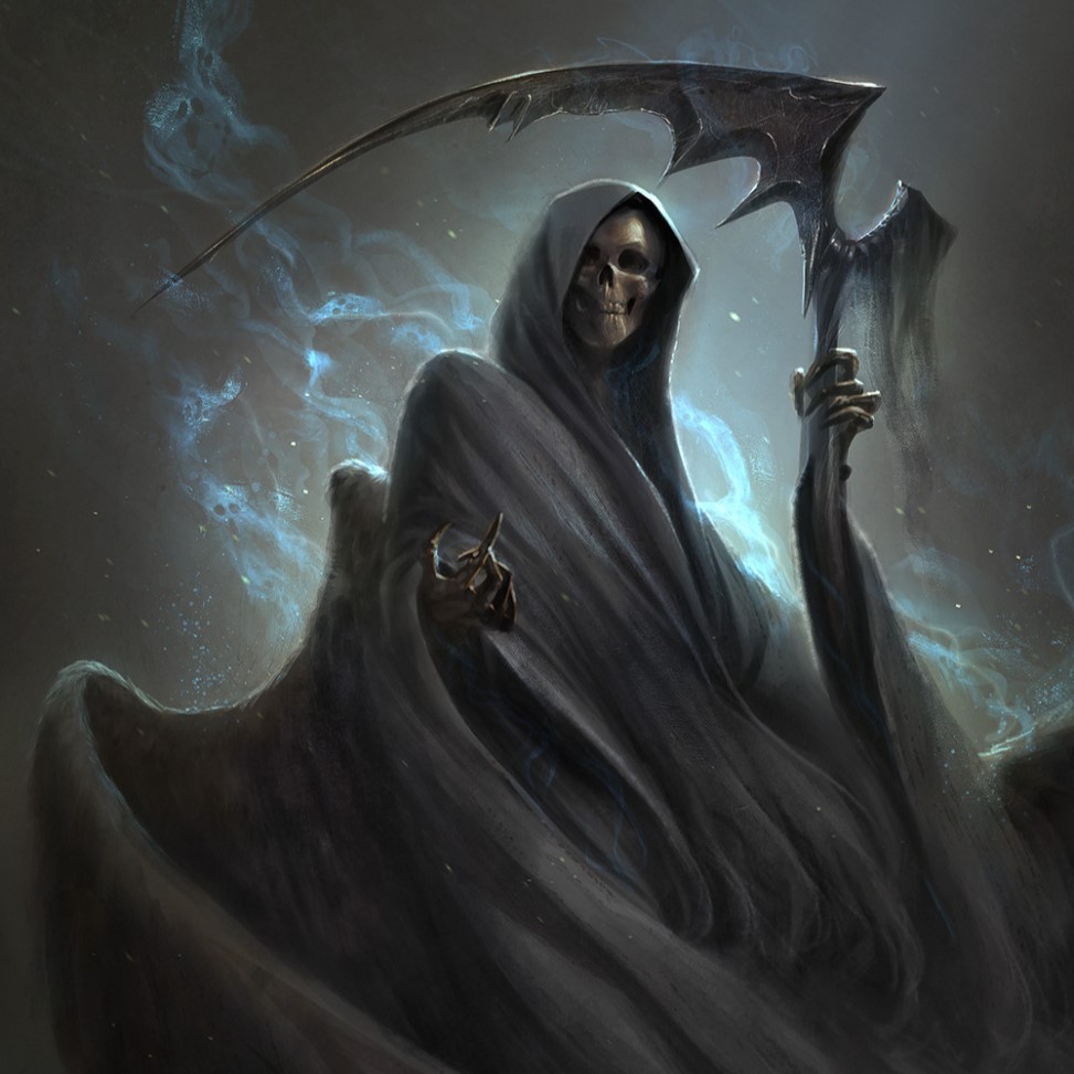 a skeletal figure with a scythe